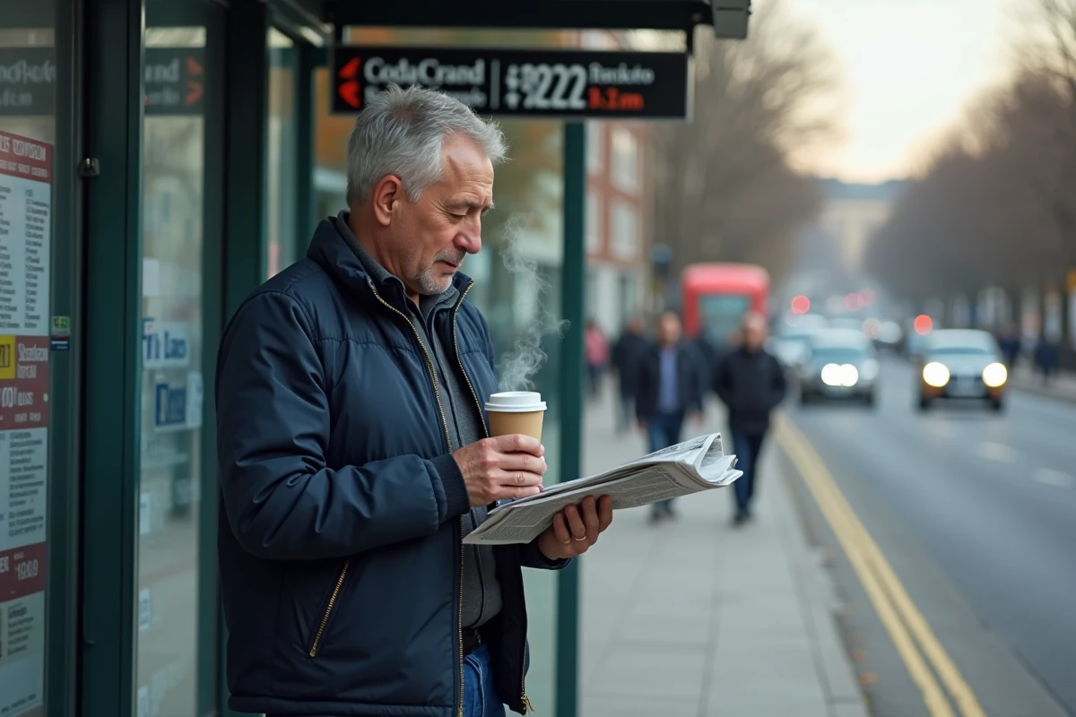Homme d'âge moyen vérifiant l'horaire au bus