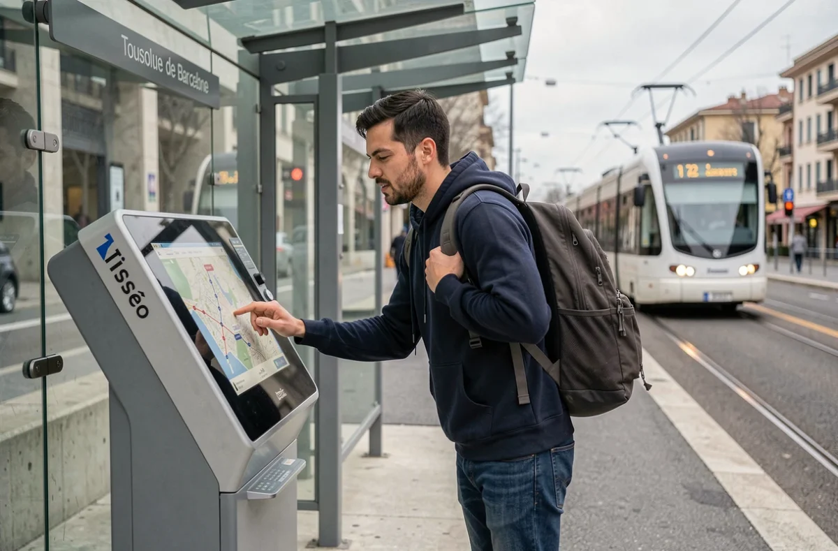 Homme utilisant une borne interactive Tisséo à un arrêt de tramway à Toulouse