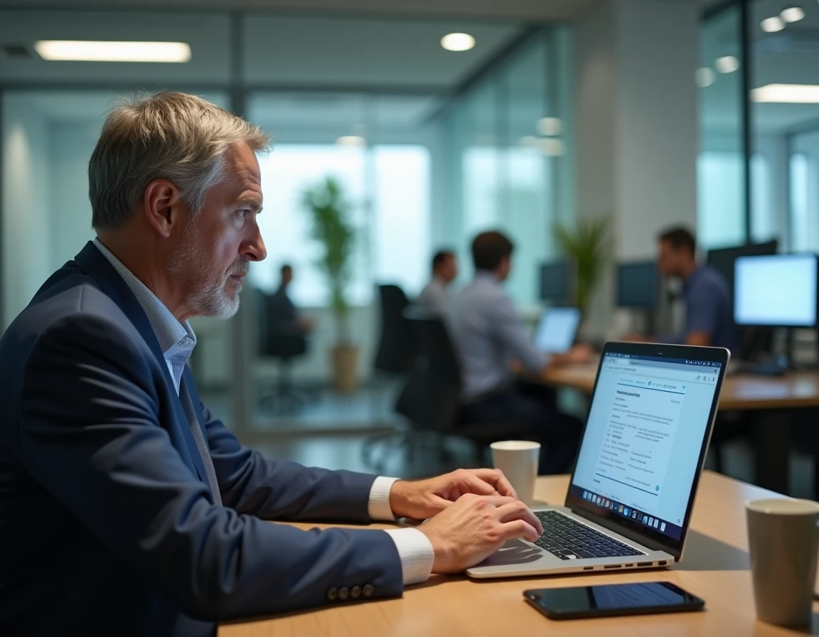 Homme en bureau recherchant l'indicatif téléphonique 234 sur son ordinateur portable avec un smartphone posé à côté