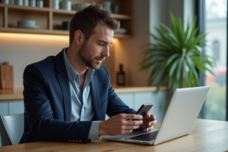 Homme en blazer regardant son ordinateur dans une cuisine moderne