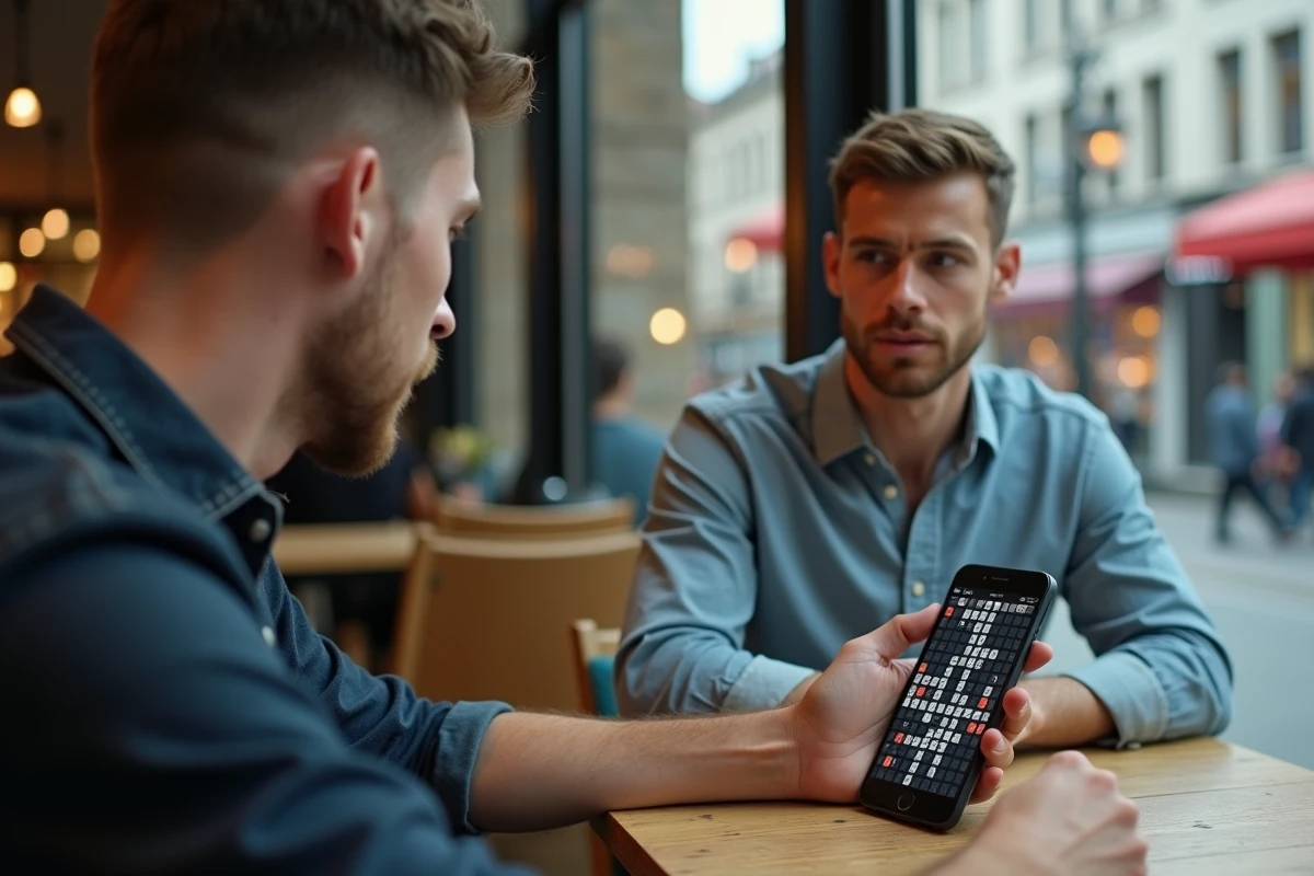 Jeune homme au café jouant à un puzzle Codycross sur smartphone