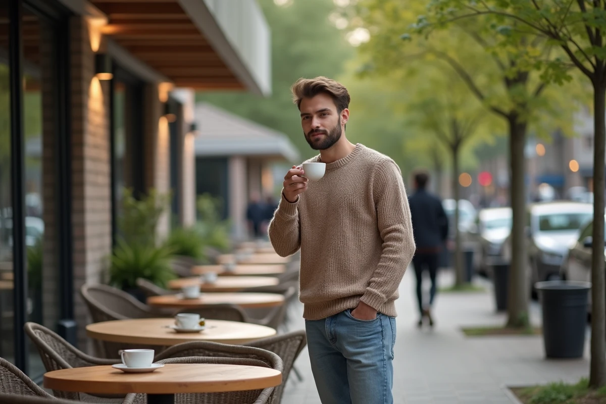 Homme détendu buvant un café dans un parc urbain