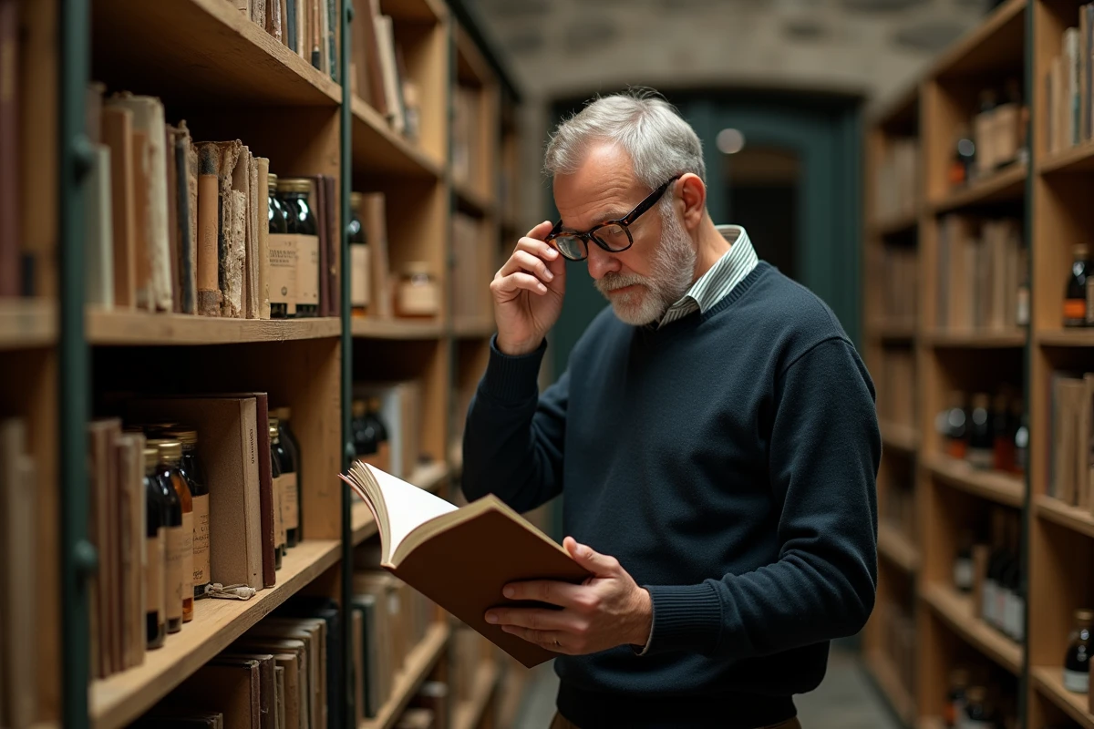 Homme examinant un catalogue archivé de produits d'abbayes dans une boutique patrimoniale aux étagères en bois