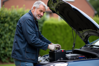 Homme d'âge moyen changeant une batterie de voiture en extérieur