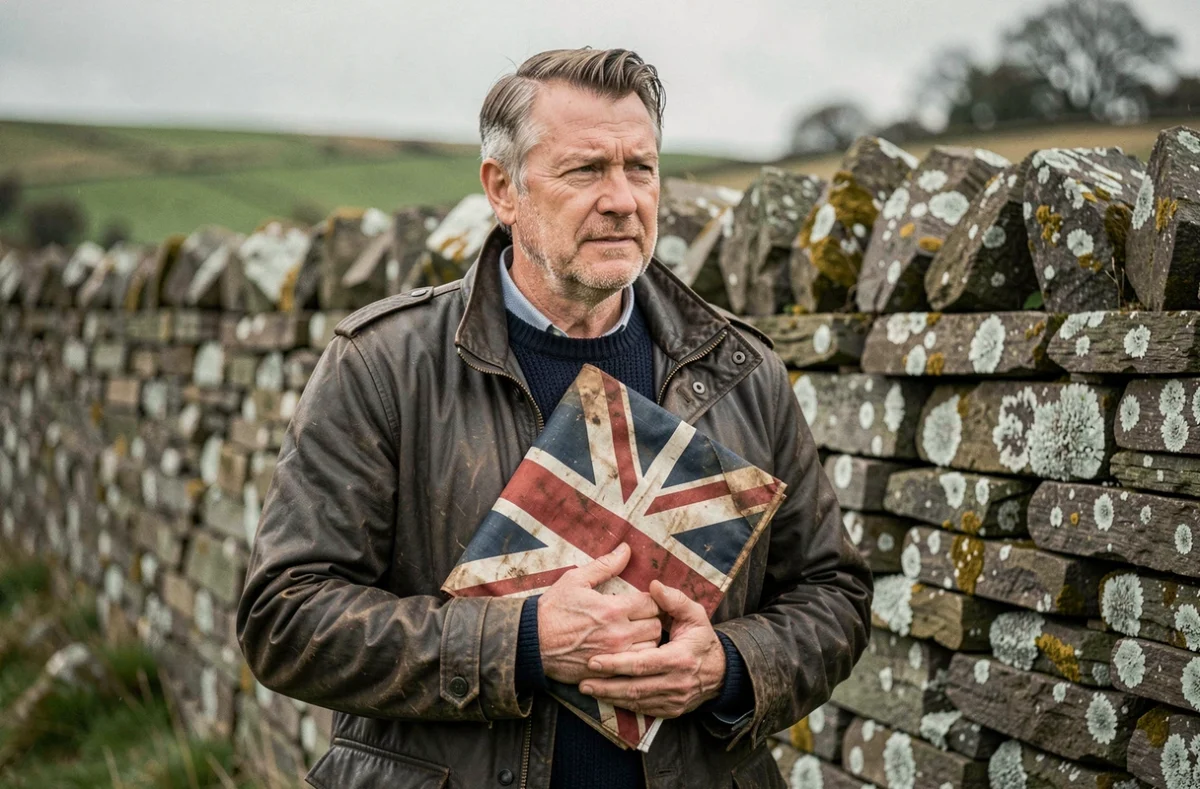 Homme britannique d'âge mûr tenant un drapeau Union Jack vieilli devant un mur en pierre dans la campagne écossaise