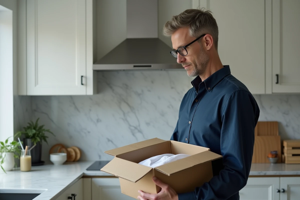 Homme regarde un vêtement dans une cuisine moderne