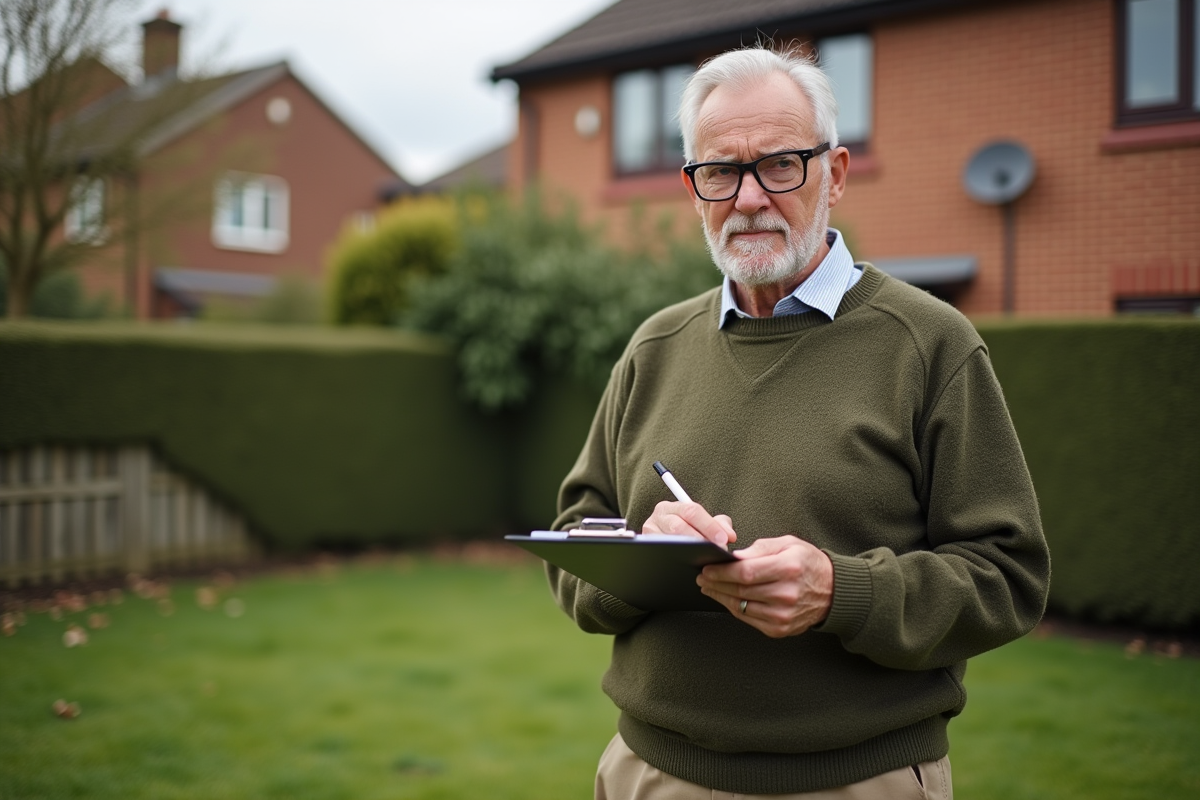 Homme âgé prenant des notes devant sa maison dans le jardin