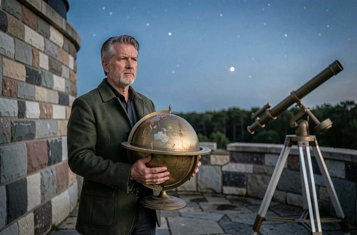 Homme tenant un globe céleste devant un observatoire sous un ciel étoilé illustrant la destinée astrologique du 12 juillet