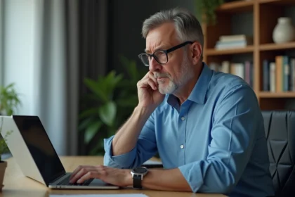Homme d'âge moyen inquiet au bureau avec message d'erreur