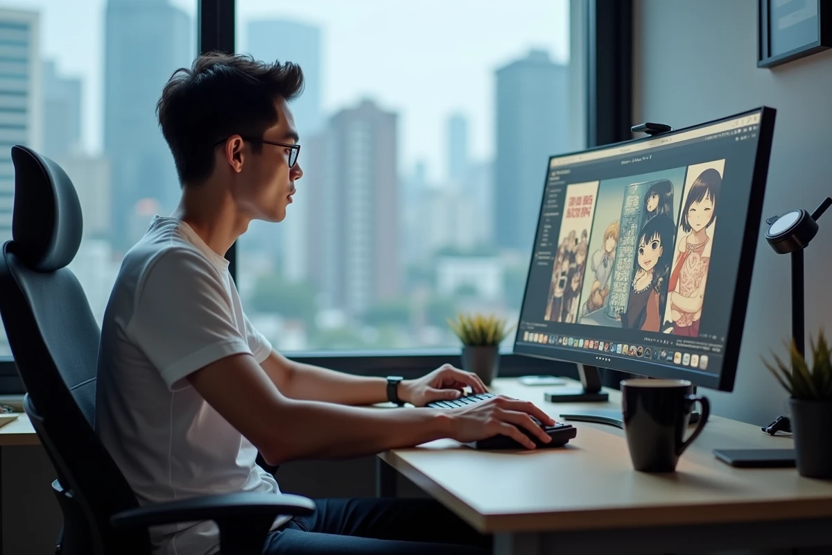 Homme utilisant un ordinateur de bureau pour lire des mangas sur un site alternatif depuis un bureau minimaliste avec vue sur la ville