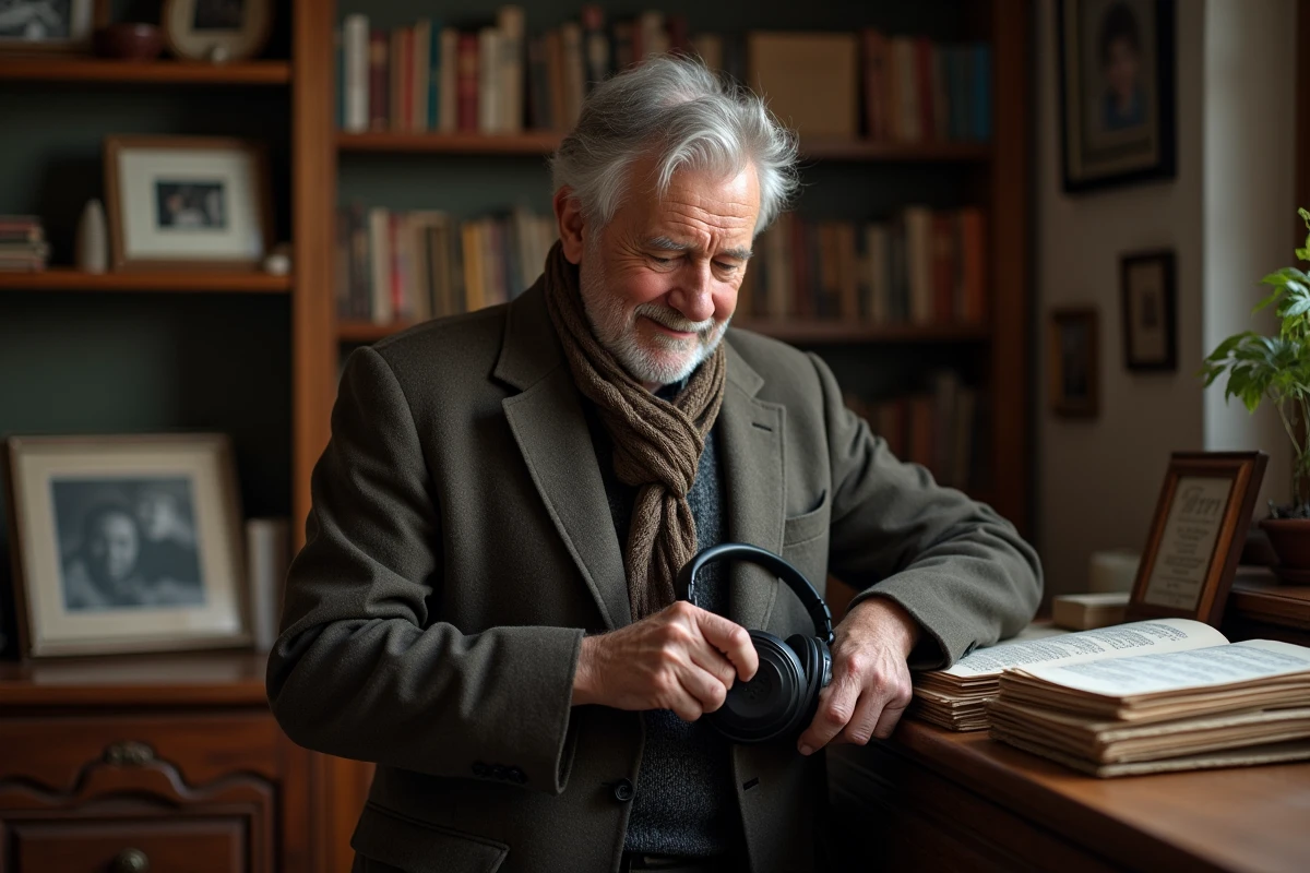 Homme âgé dans son salon avec casque vintage et livres