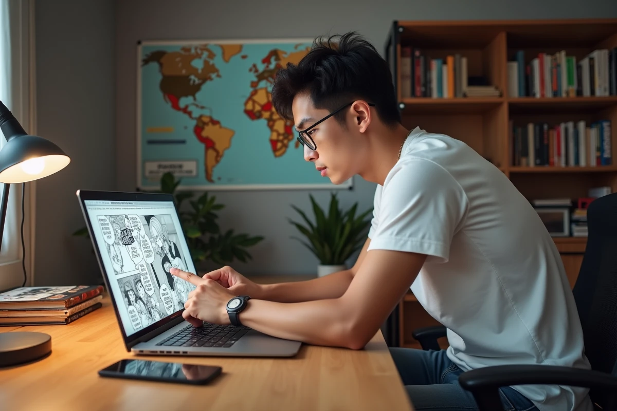 Jeune homme lisant du manga en ligne sur un ordinateur portable, étudiant l'origine et la structure des mangas japonais pour débutants