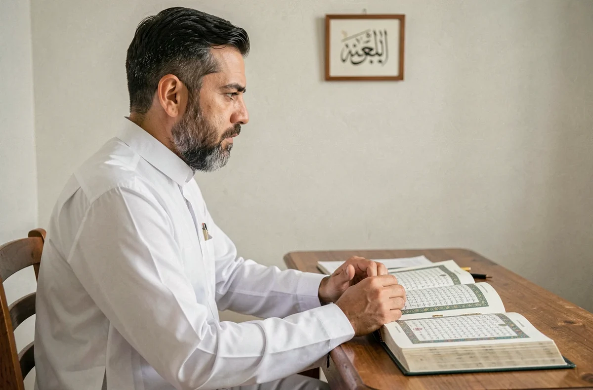 Homme musulman assis devant un Coran ouvert réfléchissant avant de faire la douaa Istikhara