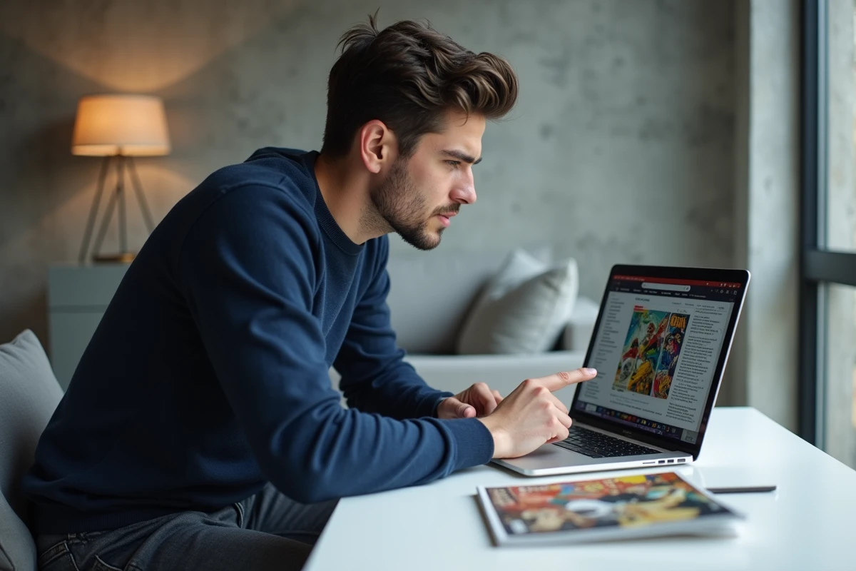 Jeune homme confus naviguant sur une plateforme de webtoon en ligne, guide pour éviter les erreurs sur Manytoon
