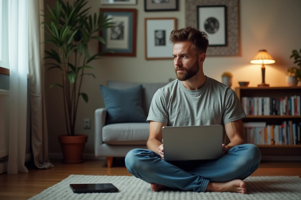 Homme réfléchi comparant un ancien netbook à une tablette moderne dans son salon, symbolisant l'évolution numérique des skyblogs aux plateformes actuelles