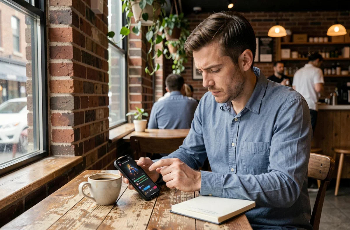 Homme optimisant les capacités et statistiques de son personnage de jeu RPG sur smartphone dans un café urbain