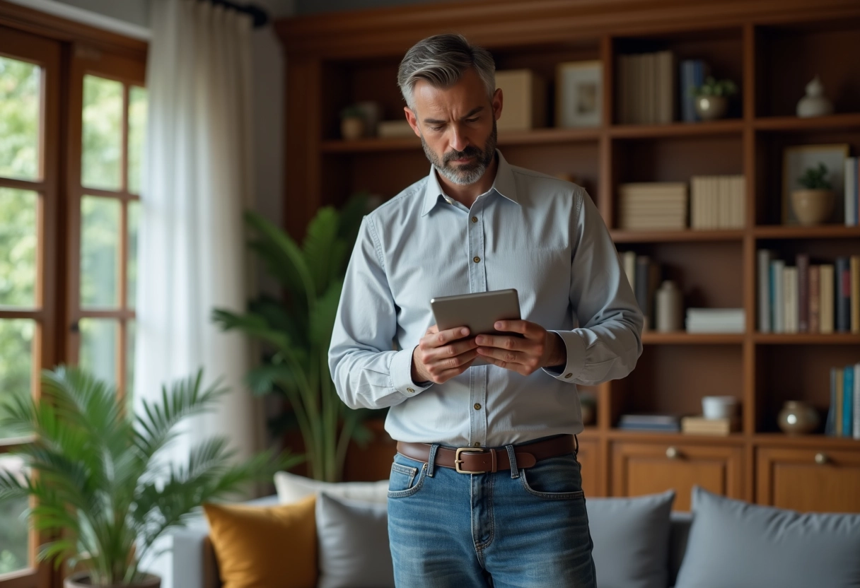 Homme cherche un mot sur une tablette dans le salon