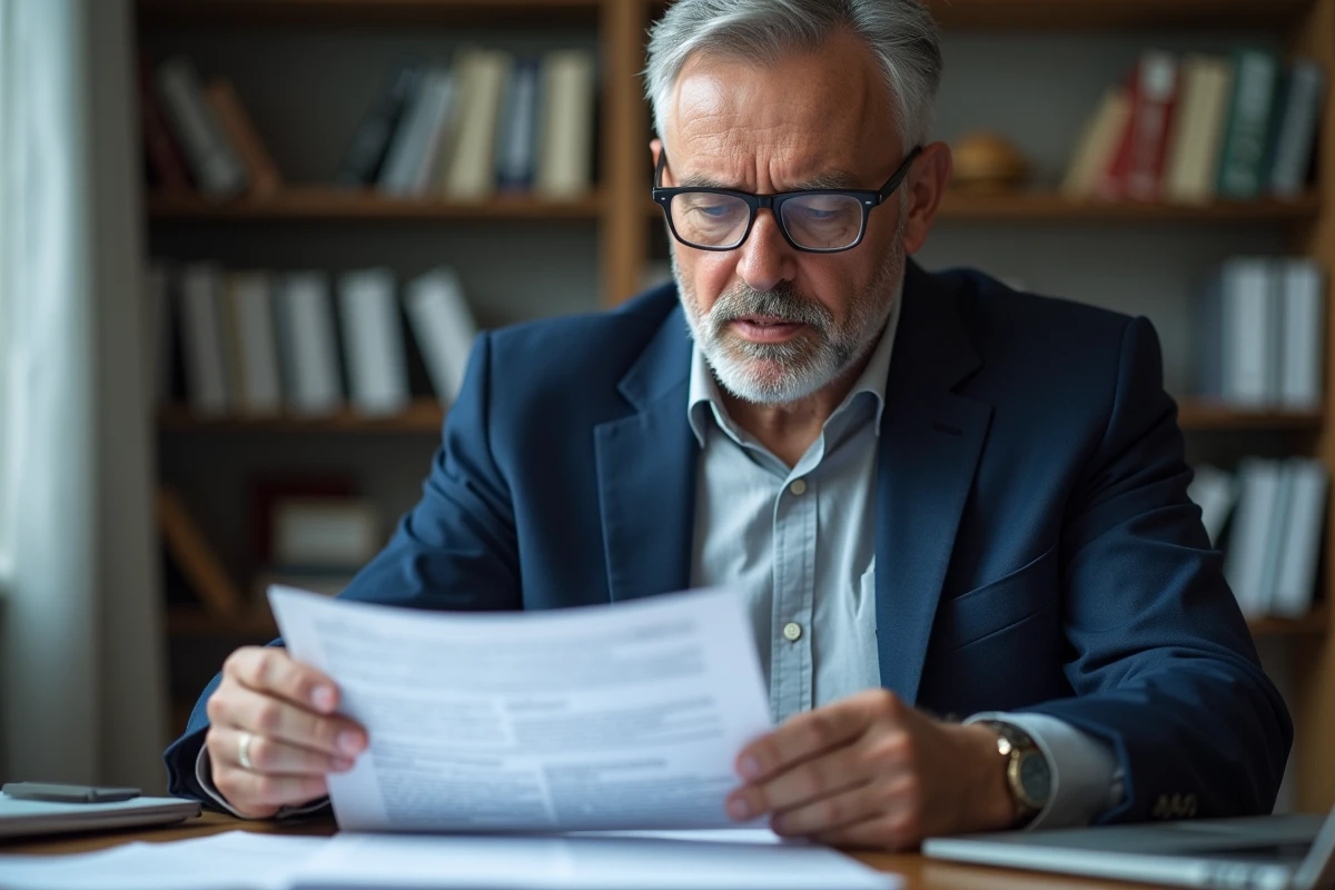 Homme en blazer relisant attentivement une lettre administrative avec annotations pour corriger les formules de politesse