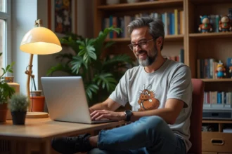 Homme souriant en tenue casual regardant un site Astérix sur son laptop