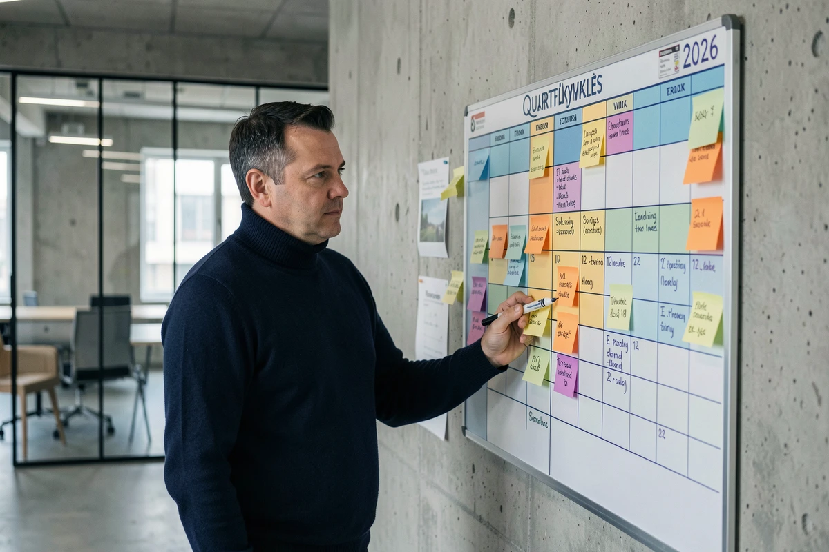 Homme d'affaires devant un tableau de planification trimestrielle 2026 dans un bureau moderne avec des notes colorées