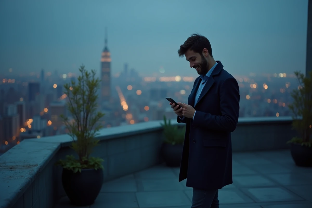 Homme sur un toit urbain regardant son téléphone affichant 23h23, illustrant la signification spirituelle de l'heure miroir