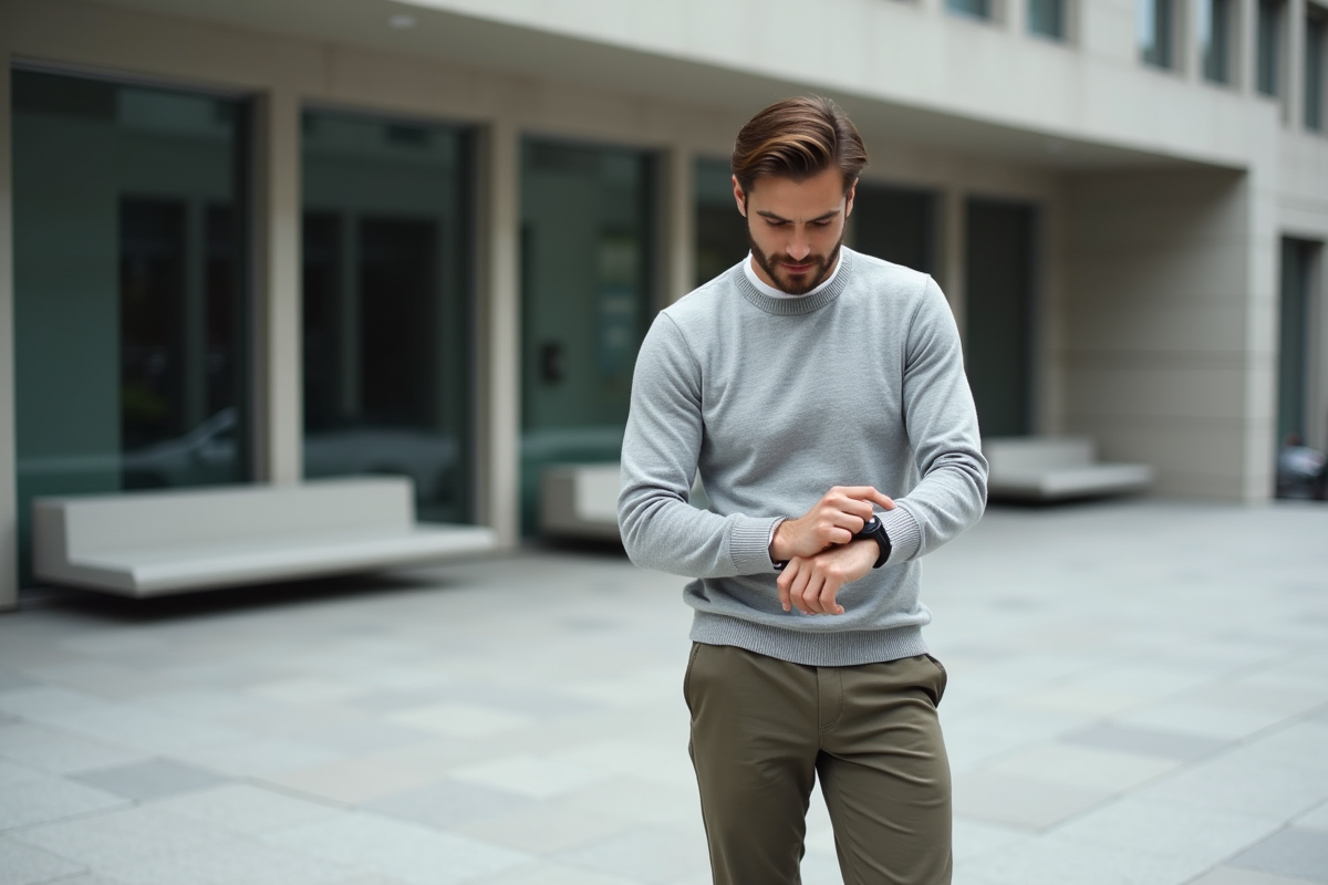 Homme en gris vérifiant sa montre dans une place urbaine