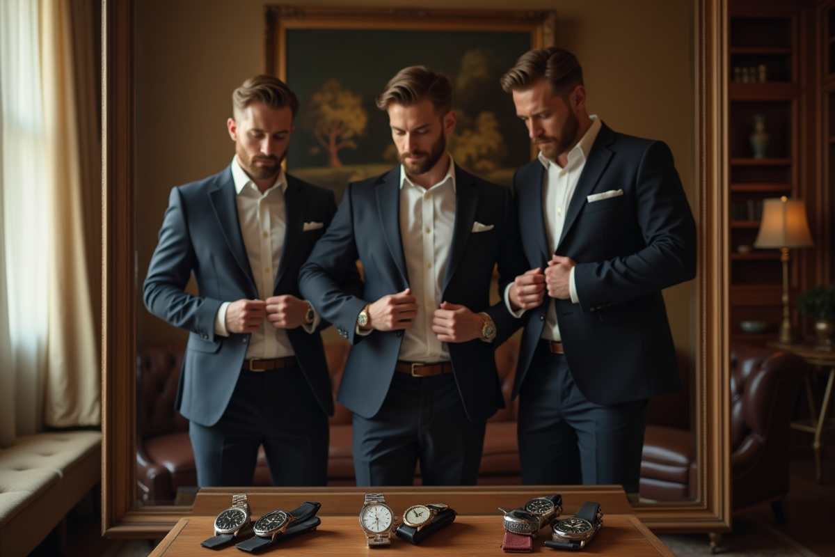 Homme élégant ajustant sa veste devant un miroir