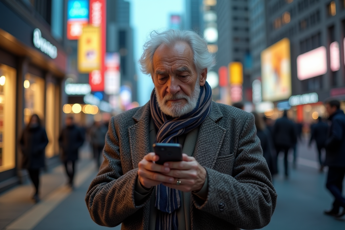 Homme age dans la ville utilisant son smartphone