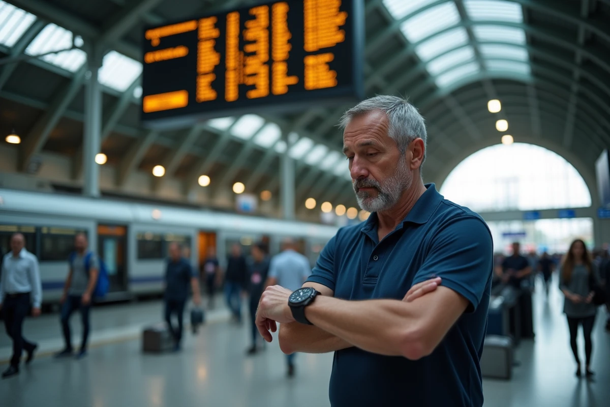 Homme consultant sa montre 12h devant un panneau de départs en format 24h dans une gare