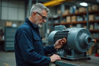Ingénieur industriel inspectant un moteur synchrone sur un établi dans un atelier mécanique