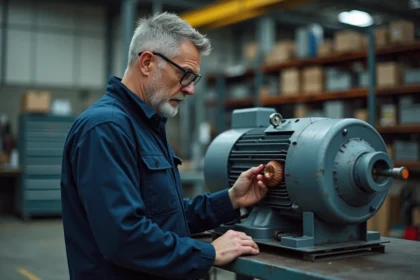 Ingénieur industriel inspectant un moteur synchrone sur un établi dans un atelier mécanique
