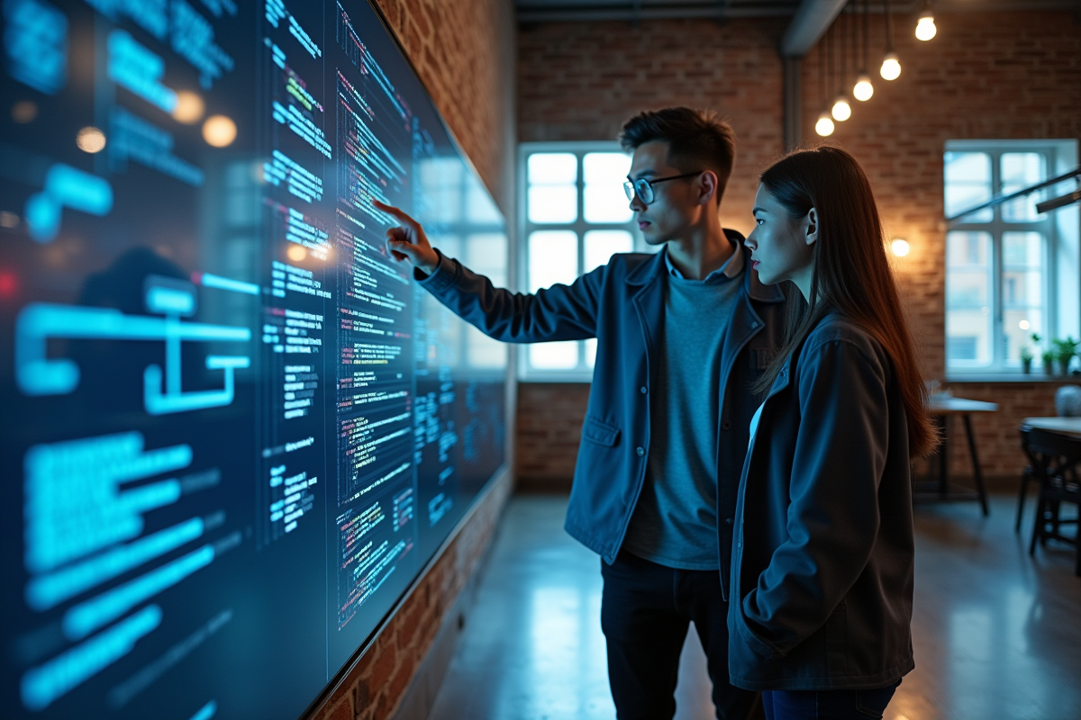 Deux jeunes ingénieurs analysent un écran digital blockchain