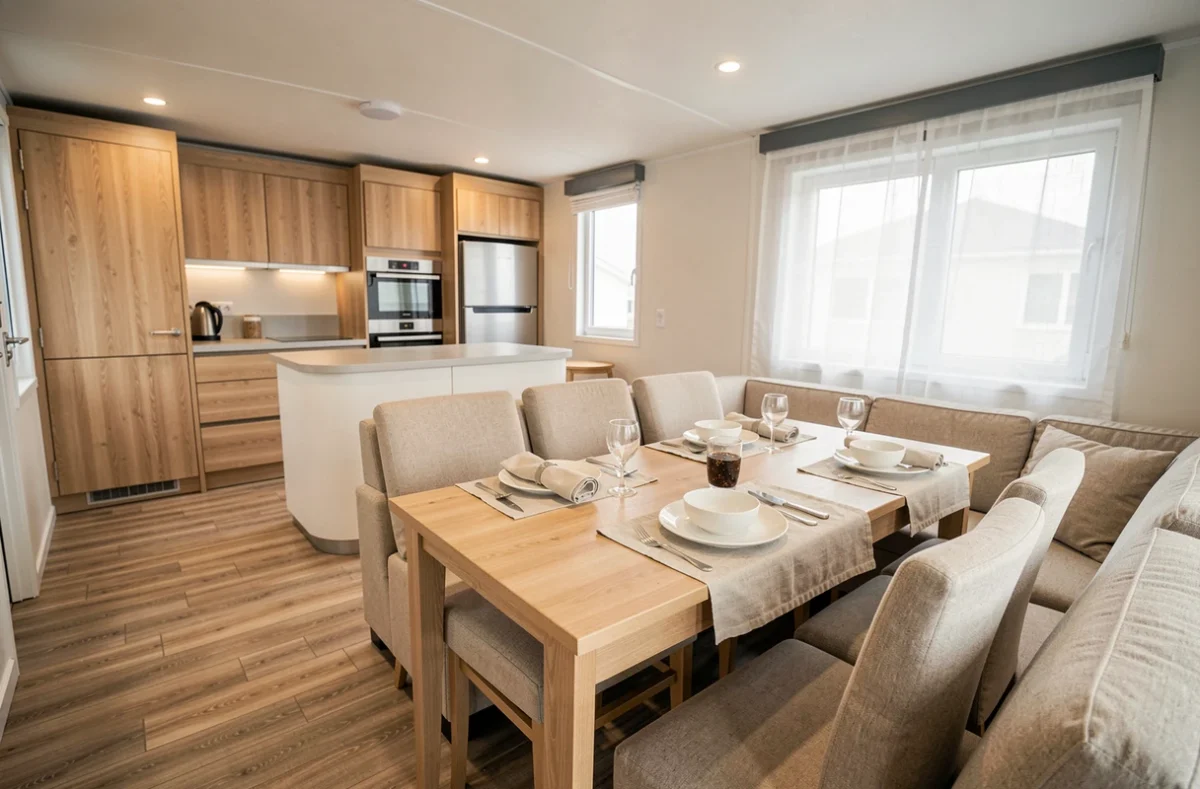 Intérieur spacieux d'un mobil-home français haut de gamme pour 6 personnes avec cuisine ouverte et espace repas moderne