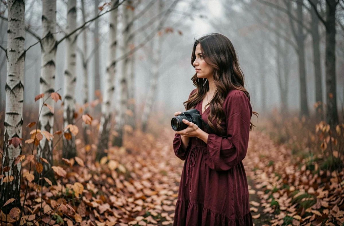 Jade Riffault artiste photographe dans une clairière forestière automnale du nord de la France, regard introspectif