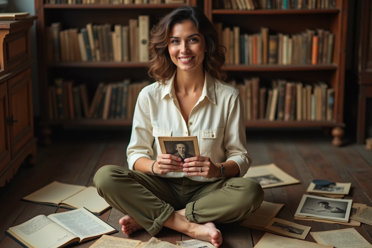 Femme latina feuilletant de vieilles photos de famille et archives personnelles, symbolisant la recherche des origines et de l'héritage culturel de Jennifer Lopez
