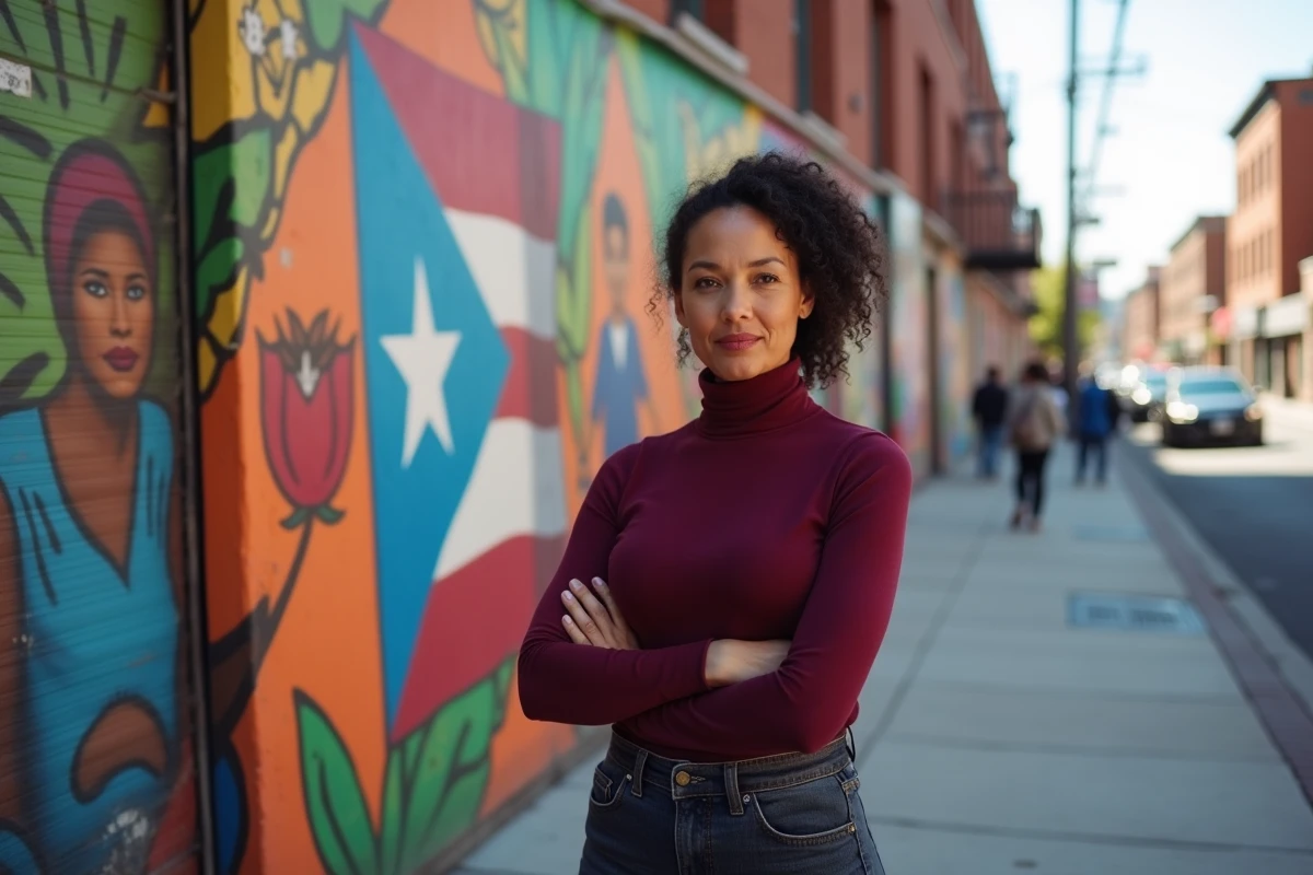 Femme latina debout devant une fresque murale portoricaine dans le Bronx à New York, illustrant les racines culturelles de Jennifer Lopez