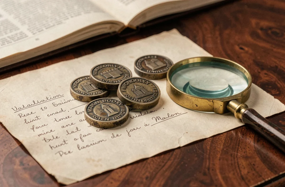 Gros plan de jetons métalliques rares d'éditions Monopoly ville disposés sur parchemin avec loupe et notes d'évaluation lors d'une expertise de collection