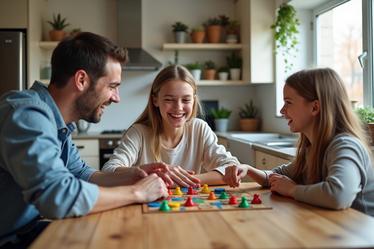 Père et adolescents jouant à un jeu de société dans la cuisine