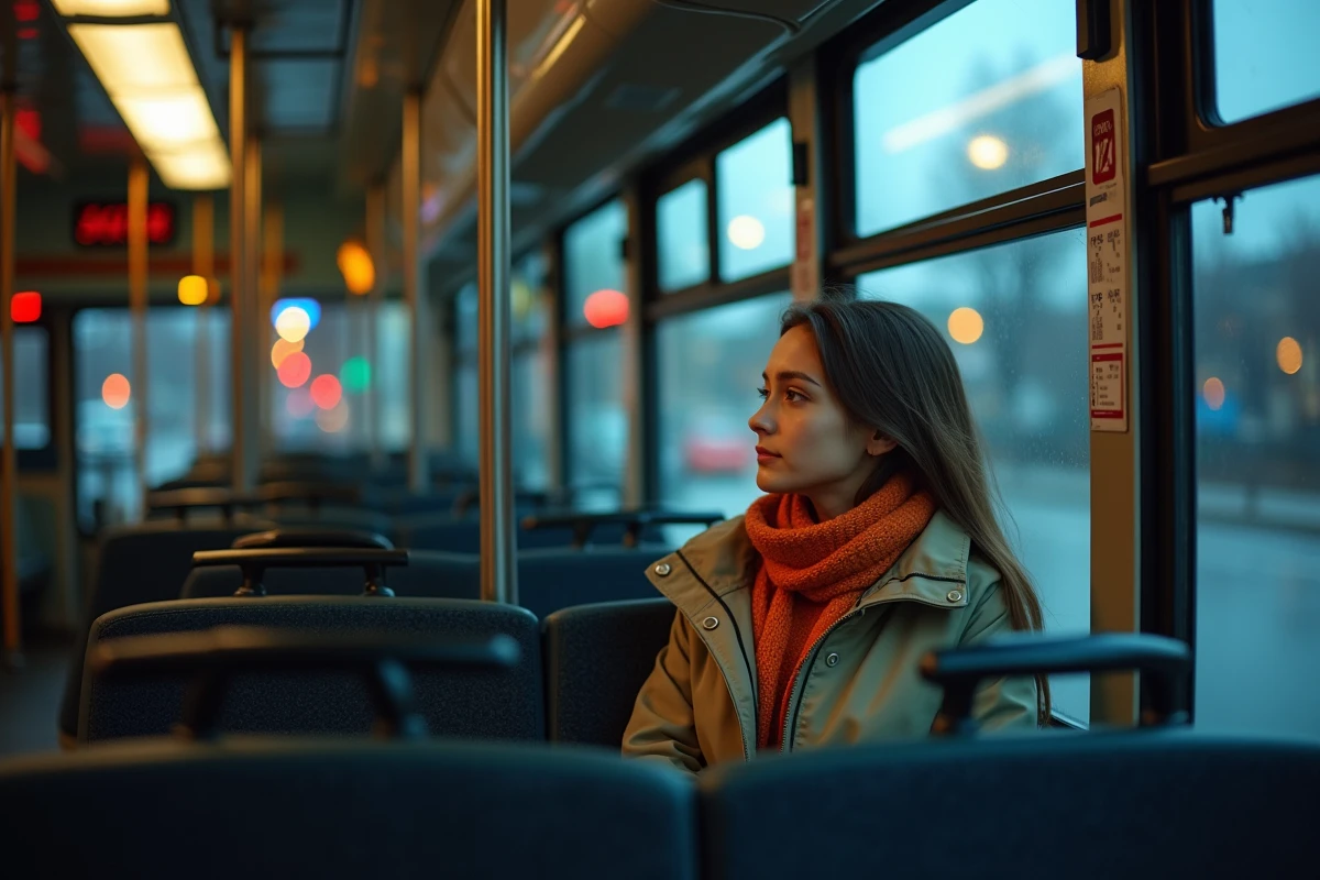 Jeune femme regardant par la fenêtre dans le bus