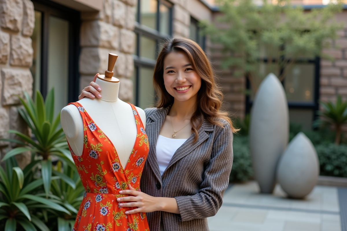 Jeune femme designer posant avec robe dans cour extérieure