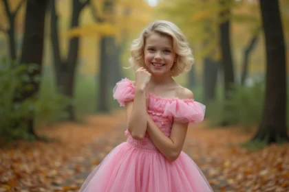Jeune femme en robe rose dans la forêt calme