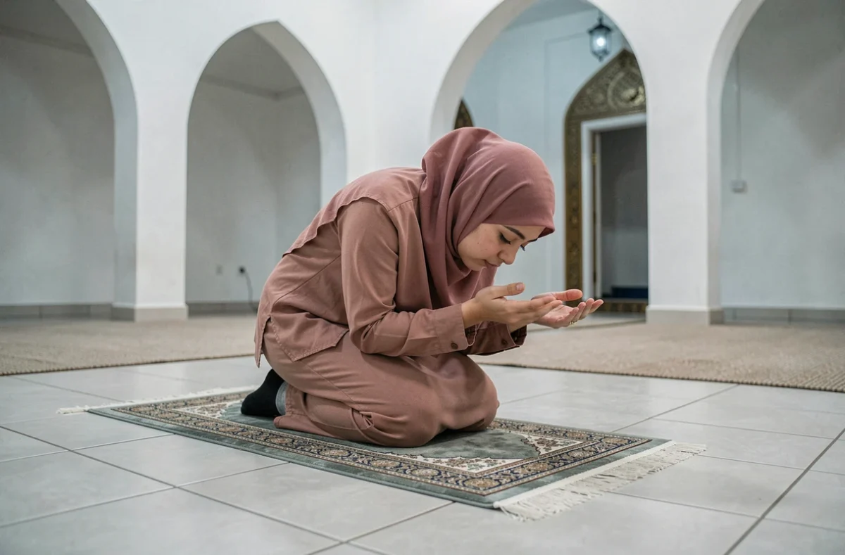 Jeune femme musulmane faisant la douaa Istikhara en prosternation dans une salle de prière de mosquée