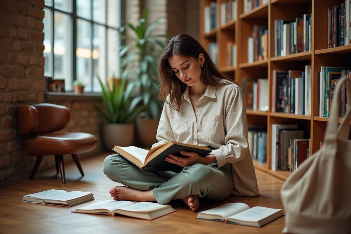 Jeune femme lisant une monographie sur René Magritte dans une librairie d'art contemporaine