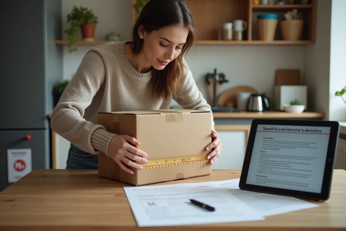 Jeune femme mesurant un colis dans une cuisine chaleureuse