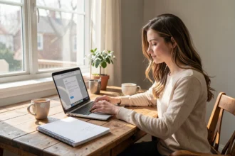 Jeune femme rédigeant sa lettre de candidature au pair sur un ordinateur
