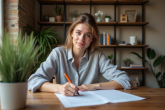Jeune femme signant un contrat de location dans un appartement parisien