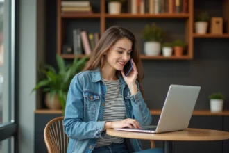 Jeune femme parlant au smartphone dans un café cosy
