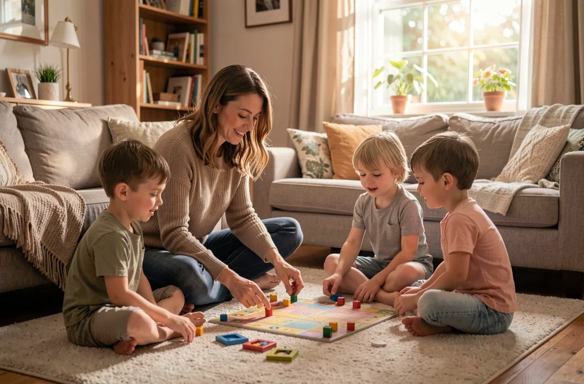 Jeune fille au pair jouant à un jeu de société avec deux enfants