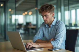 Jeune homme au bureau avec expression frustrée