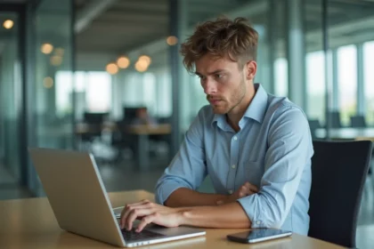 Jeune homme au bureau avec expression frustrée